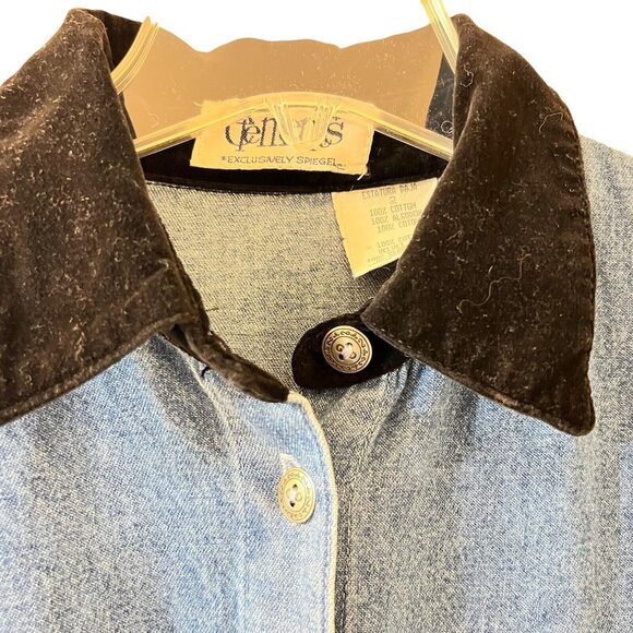 Vintage Elements Spiegel Blue Denim Dress Sz 2P Black Velvet Trim Cotton USA L/S - Picture 11 of 13